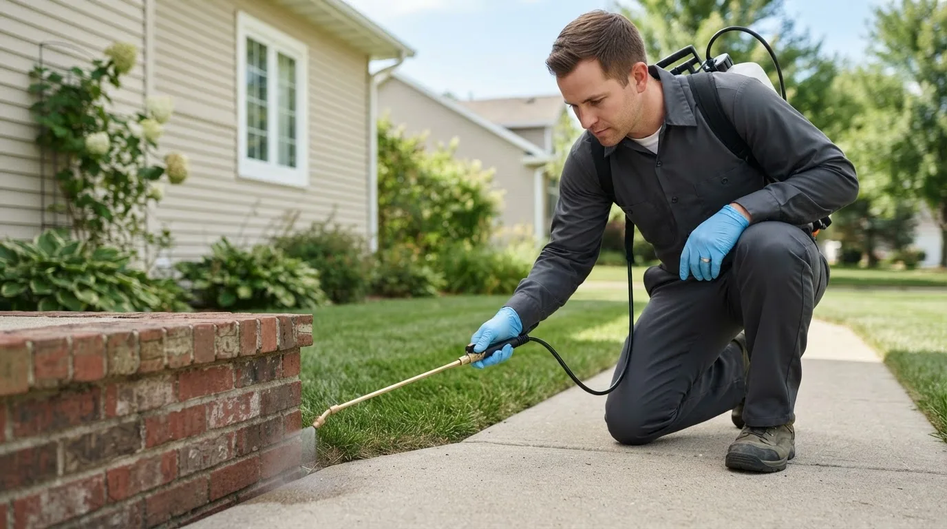 Pest control technician treating a home near Spokane, MO