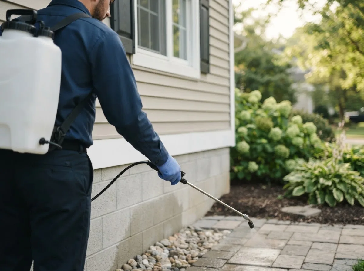 Pest control technician inspecting a home in Spokane, MO